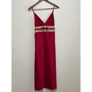 VTG 90s Satin Slip Dress California Dynasty L Burgundy Babydoll Lace Bow